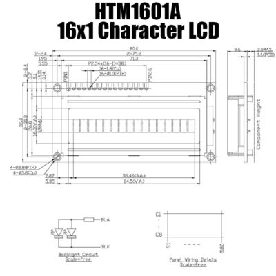 সাদা ব্যাকলাইট HTM-1601A সহ 59.46x5.96mm 16x1 ক্যারেক্টার LCD ডিসপ্লে