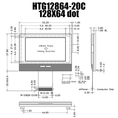 128X64 গ্রাফিক্যাল COG LCD মডিউল ST7567 হোয়াইট সাইড ব্যাকলাইট HTG12864-20C সহ