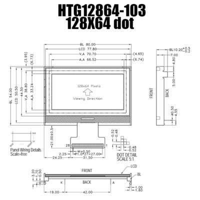 128X64 গ্রে COG LCD মডিউল গ্রাফিক 66.52x33.24mm ST7565P HTG12864-103