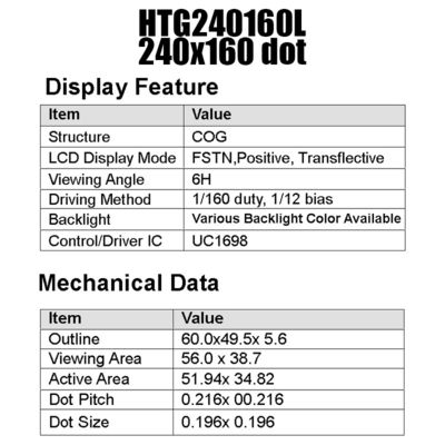 সাইড হোয়াইট ব্যাকলাইট HTG240160L সহ 18PIN 240x160 COG LCD মডিউল UC1698