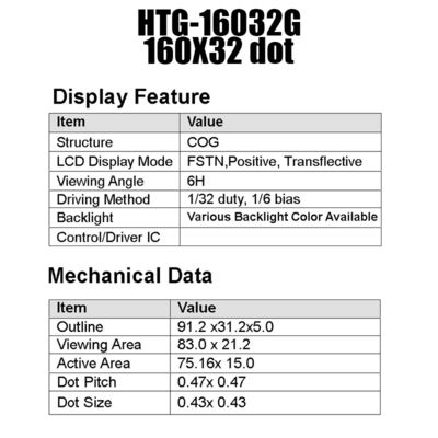 75.16x16mm COG LCD মডিউল 160x32 ST7525 নেগেটিভ ট্রান্সমিসিভ HTG16032G