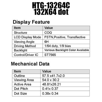 MCU 132x64 LCD COG ডিসপ্লে, ST7565R ট্রান্সমিসিভ LCD স্ক্রিন HTG13264C