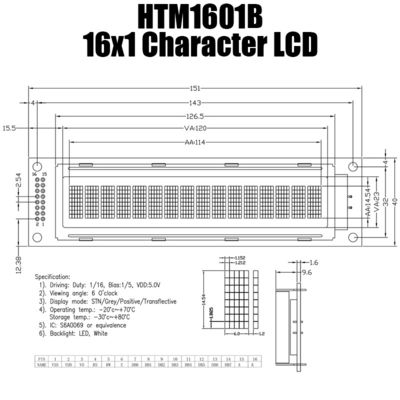 16x1 একরঙা LCD ডিসপ্লে মডিউল, S6A0069 ছোট LCD মডিউল HTM1601B