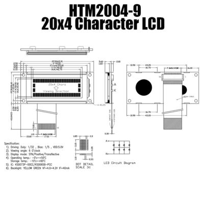 ইন্ডাস্ট্রিয়াল HTM2004-9 এর জন্য 4X20 হোয়াইট স্লিম ক্যারেক্টার এলসিডি মডিউল