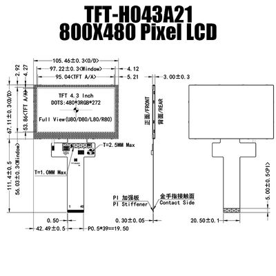 480x272 রঙ 4.3 ইঞ্চি TFT LCD ডিসপ্লে মডিউল সূর্যালোক পাঠযোগ্য TFT-H043A21WQISTKN40