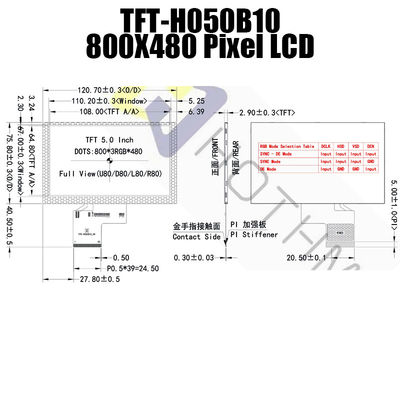 ব্যবহারিক 5 ইঞ্চি RGB TFT ডিসপ্লে, IC ST7262 সানলাইট রিডেবল ডিসপ্লে TFT-H050B10SVISTKN50