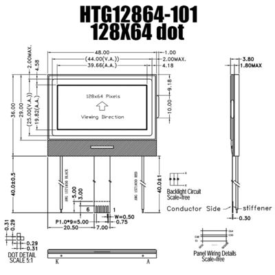 128X64 LCD COG ডিসপ্লে, UC1601S গ্রাফিক LCD মডিউল HTG12864-101